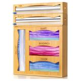 WHOMASS 6-in-1 Magnetic Bamboo Drawer Organizer for Food Bags and Wraps Adjustable Compartment Storage with Dispenser and Cutter Fits Gallon Quart Sandwich and Snack Sizes