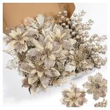 22 Pcs Champagne Christmas Poinsettia Artificial Flowers and Glitter Berries Stems Kit, Christmas Poinsettias Decorations and Christmas Tree Ornaments for Xmas Home Wedding Holiday Tree Decor