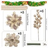 22 Pcs Champagne Christmas Poinsettia Artificial Flowers and Glitter Berries Stems Kit, Christmas Poinsettias Decorations and Christmas Tree Ornaments for Xmas Home Wedding Holiday Tree Decor