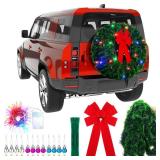 Wavwavw LED Christmas Car Spare Tire Decoration Make Your Own Truck Wreath 196.8 ft Tinsel Garland 24 Pcs Christmas Balls Ornaments Battery Operated Lights Outdoor Festive Accessory(Green)