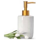 White Liquid Soap Dispenser with Golden Pump for Bathroom,Kitchen Refillable Dispenser,Countertop Lotion Ceramics Hand Dispenser 420ml (Cylindrical White Bottle)