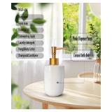 White Liquid Soap Dispenser with Golden Pump for Bathroom,Kitchen Refillable Dispenser,Countertop Lotion Ceramics Hand Dispenser 420ml (Cylindrical White Bottle)
