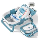 Collapsible Baby Bathtub for Newborn, Foldable Baby Bath Tub with Thermometer and Soft Floating Cushion and Drain Hole, Portable Travel Infant Bath Tubs for Newborns to Toddler 0-36 Months Girl, Blue