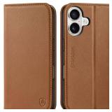 SHIELDON Wallet Case for iPhone 16 6.1\ 2024, Genuine Leather Folio Magnetic Closure Kickstand RFID Blocking Card Slots Full Protection Cover Compatible with iPhone 16 5G - Saddle Brownin