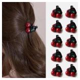 Small Cherry Hair Claw Clips for Women Girls, 10PCS Red Pearl Cherry Shaped Mini Hair Clips with Green Rhinestone Leaves, Cute Small Hair Accessories for Styling, Daily Wear, Party
