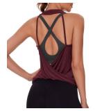 Womens Summer Open Back Yoga Tops Halter Backless Workout Tank Top Loose Fit Athletic Shirts Gym Activewear for Women Wine S