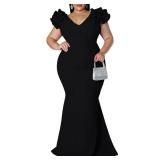 Womenfts Plus Size Maxi Dress Elegant V-Neck Ruffle Sleeves Bodycon Mermaid Dresses Evening Gown Black XL