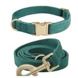 Ewinoom Soft Corduroy Dog Collar and Leash Set Adjustable Durable Dog Collars with Metal Buckle and Lead for Small Dogs,Dark Green