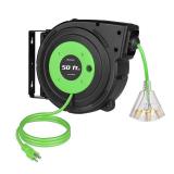 DEWENWILS Retractable Cord Reel, 50FT Extension Cord Reel, 14AWG3C SJTOW, Grounded Outlets Lighted Triple Tap, 13 Amp Circuit Breaker, WallCeiling Mountable, UL Listed