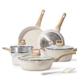 CAROTE Pots and Pans Set Nonstick, White Granite Induction Kitchen Cookware Set, 10 Pcs Non Stick Cooking Set wFrying Pans and Saucepans(PFOS, PFOA Free)