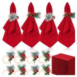 EBOOT 16 PCS Christmas Napkins and Ring Set 8 PCS Red Washable Napkins Cloth Fabric and 8 Christmas Rings Holder for Xmas Holiday Dinner Party Table Decoration(Pine Cone, Red Fruit)