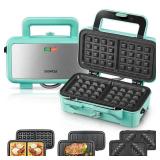 FOHERE Waffle Maker 3 in 1 Sandwich Maker 1200W Panini Press With Removable Plates and 5-gear Temperature Control, Non-stick Coating Easy to Clean,Indicator Lights, Blue