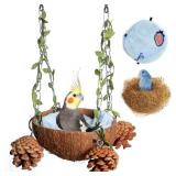 PINVNBY Natural Coconut Shell Bird Nest for Cage Coconut Fiber with Warm Pad Coconut Hide Bird Swing Toys for Bird Conure, Budgie, Cockatiel, Lovebird, Sugar Glider, Canary, Hamster