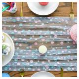 Artoid Mode Pink Polka Dots Blue Gauze Table Runner 120 Inch 10FT, Summer Sheer Dining Holiday Wedding Birthday Baby Shower Table Decor for Home Party