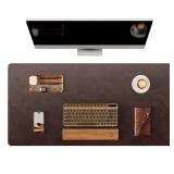 YSAGi Genuine Leather Desk Mat, 31.5\x15.8\in Office Desk Pad, Thick Premium Table Pad with Stitched Line, Non-Slip Laptop Writing Pad with Rubber Base (Dark Brown, 31.5\inx15.8\in)in