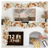 Neutral Fall Garland for Mantle Fireplace - 2 Pack Total 24Ft Outdoor Autumn Leaves Decor for Home Front Door with Pumpkins Indoor Maple for Farmhouse Stairs Porch Halloween Thanksgiving Decorations