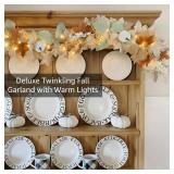 Neutral Fall Garland for Mantle Fireplace - 2 Pack Total 24Ft Outdoor Autumn Leaves Decor for Home Front Door with Pumpkins Indoor Maple for Farmhouse Stairs Porch Halloween Thanksgiving Decorations