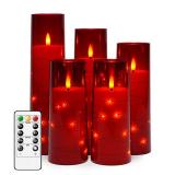 kakoya Flameless LED Candles with Timer 5 Pc Flickering Flameless Candles for Romantic Ambiance and Home Decoration Stable Acrylic Shell,with Embedded Star String?Battery Operated Candles?Red?