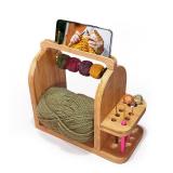Yarn Holder for Crochet Accessories  Durable Bamboo Wood Knitting Accessories Yarn Storage Organizer with Built-in Phone Stand  Tangle-Free Dual Rods and Tool Holder  Works with Skein, Cake, Bal