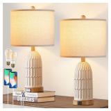Cinkeda Boho Table Lamps Set of 2, Farmhouse 3-Way Dimmable Touch Nightstand Lamp with 2 USB Charging Ports, White Vintage Bedside Lamp for Bedroom Living Room End Table (Bulbs Included)