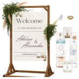 Merrifete Wooden Welcome Sign Stand, Adjustable Sign Holder Stand, Heavy Duty Wood Easel w Poster Design Templates and Leather Straps for Wedding, Bridal Baby Shower, Birthday Party, 62\ x 30\in x 20\