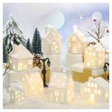 Cindeer 26 Pcs Ceramic Christmas Village Set 8 LED Christmas Village Houses 16 Xmas Trees Farmhouse 2 Lamp Post Scenes Decor White Tabletop Decoration(Classic)