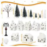 Cindeer 26 Pcs Ceramic Christmas Village Set 8 LED Christmas Village Houses 16 Xmas Trees Farmhouse 2 Lamp Post Scenes Decor White Tabletop Decoration(Classic)