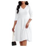 CLOCOR Church Dresses for Women Casual 34 Sleeve Dresses A-Line V-Neck with Pockets White 3XL