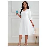 CLOCOR Church Dresses for Women Casual 34 Sleeve Dresses A-Line V-Neck with Pockets White 3XL