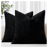 decorUhome Chenille Black Spring Euro Sham Throw Pillow Covers 22x22 Inch Set of 2, Decorative Soft Couch Pillow Covers Solid Dyed Accent Farmhouse Neutral Square Pillow Cases for Sofa