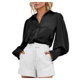 BTFBM Women Blouses Spring Fall Outfits Satin Lantern Long Sleeve Shirts Button Down Dressy Work Business Casual Tops(Black, Medium)