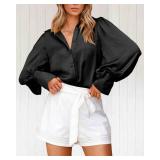 BTFBM Women Blouses Spring Fall Outfits Satin Lantern Long Sleeve Shirts Button Down Dressy Work Business Casual Tops(Black, Medium)