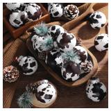 Syhood 24 Pcs Cowhide Printed Christmas Ball Ornaments 2.4 Inch Plastic Western Cow Ornaments Country Western Party Decorations Rustic Holiday Xmas Baubles for Tree Home Gift