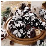 Syhood 24 Pcs Cowhide Printed Christmas Ball Ornaments 2.4 Inch Plastic Western Cow Ornaments Country Western Party Decorations Rustic Holiday Xmas Baubles for Tree Home Gift