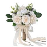 GLIDLION Wedding Bouquets for Bride Bridesmaid,White Champagne Artificial Roses Flowers for Wedding Church Decoration (7.5in)