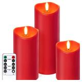 NURADA Outdoor Flameless Candles with Remote Timer - Waterproof Realistic Flickering LED Pillar Electric Battery Operated Fake Candle for Home Wedding Christmas Decor - 3 Pack Red(D3H468)