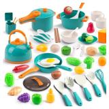 56Pcs Mini Play Kitchen Accessories for Kids, Pretend Cooking Playset with Cookware, Tableware and 2 Fruit Sets, Learning Gift for Girls, Boys, Toddlers, Green