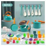 56Pcs Mini Play Kitchen Accessories for Kids, Pretend Cooking Playset with Cookware, Tableware and 2 Fruit Sets, Learning Gift for Girls, Boys, Toddlers, Green