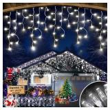 FLVOECN Christmas Lights Outdoor, 49FT 450 LED Ice Lights for Outside, Ice String Lights with 8 Modes, Waterproof Timer Memory Hanging Light for Eaves Party Yard Garden(Cool White)