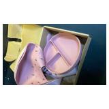 LITTLE RAWR Silicone Baby Feeding Set, Baby Led Weaning Supplies, Baby Spoons Suction Divided Plate Bib Cup, First Stage Solid Food Eating Utensils - 6+ Months(Pink-Red)