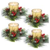 Christmas Candle Ring, 4 Pcs Votive Candle with Red Berry Pinecone, Xmas Ring Candle for Table Centerpiece Decoration Wedding Holiday,Gold