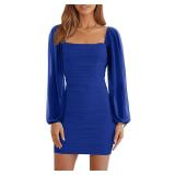 Ofenbuy Womenfts Mesh Long Sleeve Dress Square Neck Ruched Mini Bodycon Dress Stretch Party Cocktail Dresses Blue S