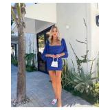 Ofenbuy Womenfts Mesh Long Sleeve Dress Square Neck Ruched Mini Bodycon Dress Stretch Party Cocktail Dresses Blue S