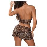 Ammiko Womenfts Y2k Skirt Sets Cheetah 2 Piece Club Outfits Leopard Halter Crop Tops and Sexy Ruffle Layered Mini Skirts Brown S