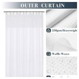 NandY HOME Waffle Weave Shower Curtain with Snap-in Fabric Liner Set, 12 White Hooks Included - Hotel Style, Waterproof and Washable, Heavyweight Fabric and Mesh Top Window - 71x72, White