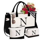 YOOLIFE 21st 30th 40th 50th 60th 70th Birthday Gifts for Women - Personalized Gifts for Daughter Sister Friend Mom Teacher, Initial Canvas Tote Bag for Women N