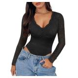 SAUNGKUAI Womenfts V Neck Lace Bodysuit Long Sleeve Bodysuits Double Lined Going Out Tops Y2K Trendy Thong Outfits Black S