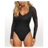 SAUNGKUAI Womenfts V Neck Lace Bodysuit Long Sleeve Bodysuits Double Lined Going Out Tops Y2K Trendy Thong Outfits Black S