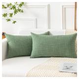 Kevin Textile Set of 2 Sage Green Pillow Covers 12 x 20 Inch Spring Farmhouse Boho Decorative Throw Pillow Covers Linen Cushion Covers for Sofa Couch Décor