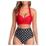 Tempt Me Women Two Piece Swimsuit High Waisted Bikini Halter Vintage Retro Bathing Suit Red Black Dot Push up Swimwear XL